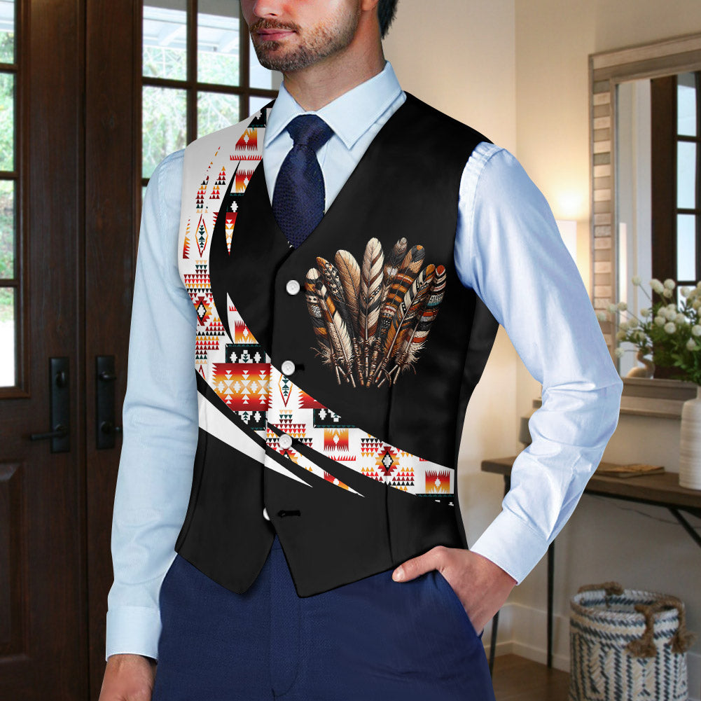 VJ250306M10 Southwest Feather Native American Suit Vest Jacket Print One Side Front