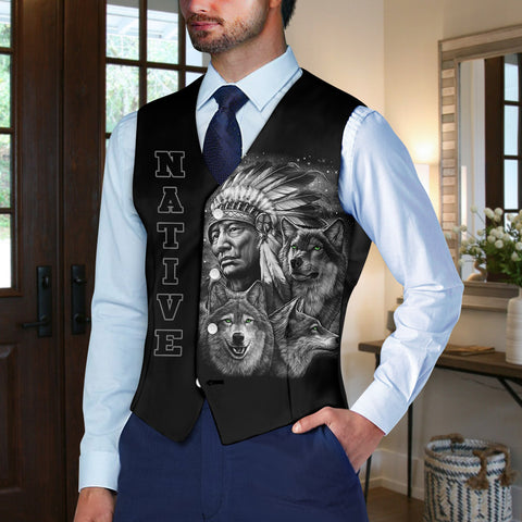 VJ250306M12 Chief and Wolf Native American Suit Vest Jacket Print One Side Front