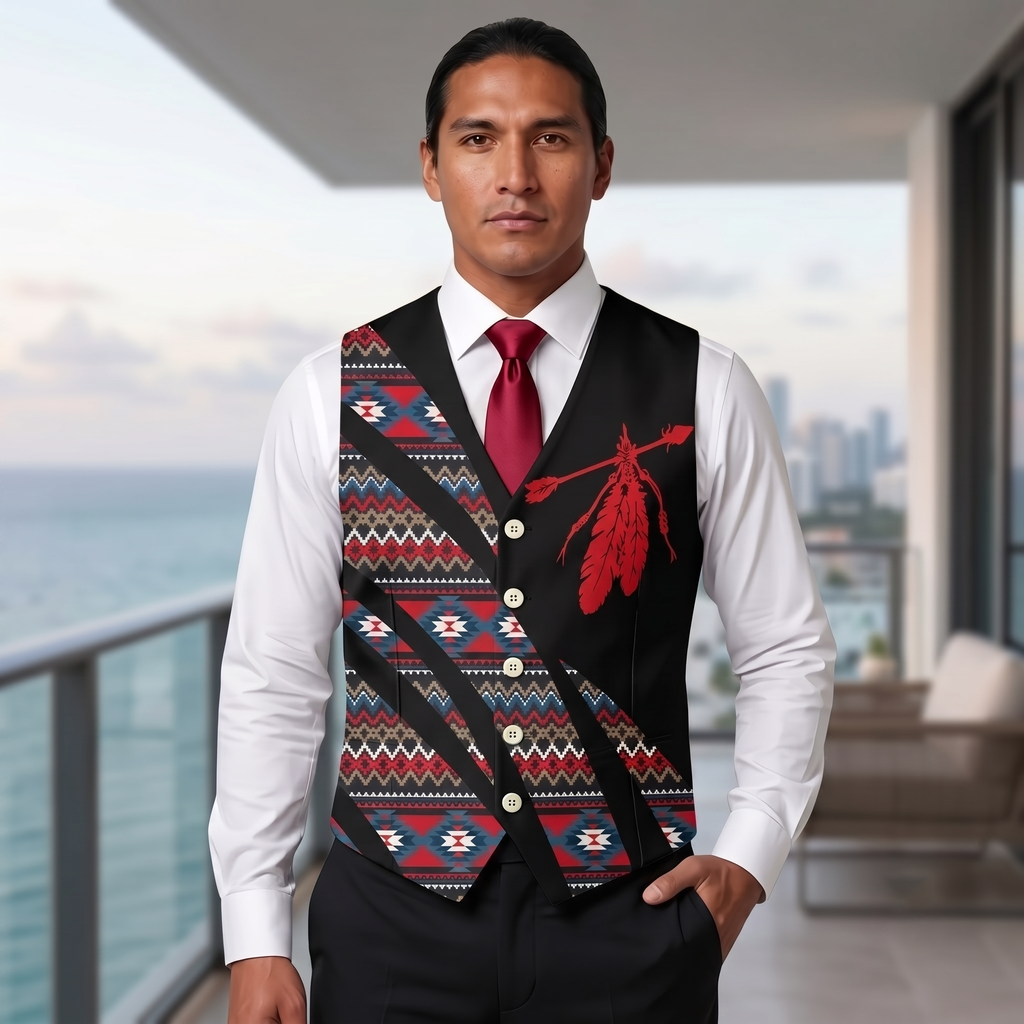 VJ250320M06 Feather Native American Suit Vest Jacket Print One Side Front