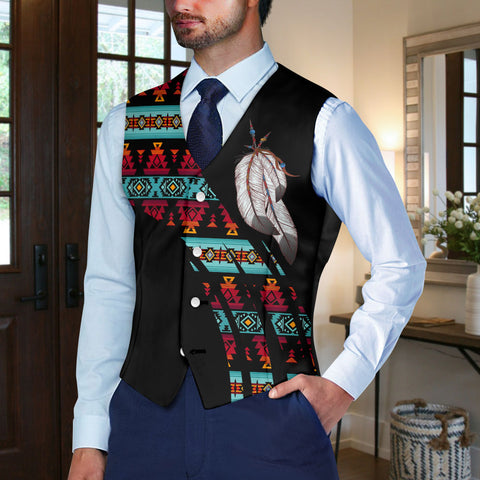 VJ250915M01 Feather Native American Suit Vest Jacket Print One Side Front