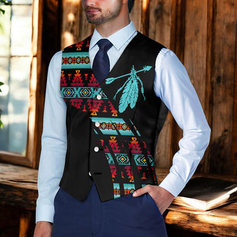VJ250915M03 Feather Native American Suit Vest Jacket Print One Side Front