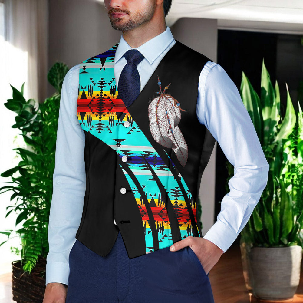 VJ250916M07 Feather Native American Suit Vest Jacket Print One Side Front
