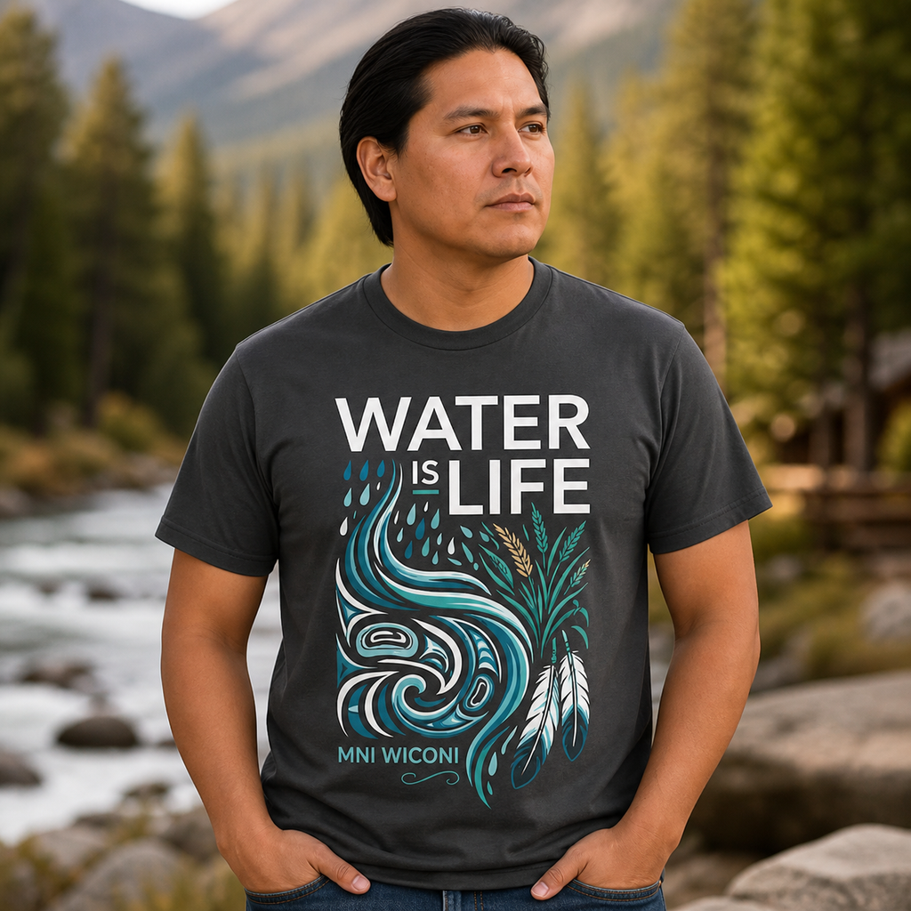 Water Life Feather Graphic Native American-Inspired 2D T-Shirt TSm024