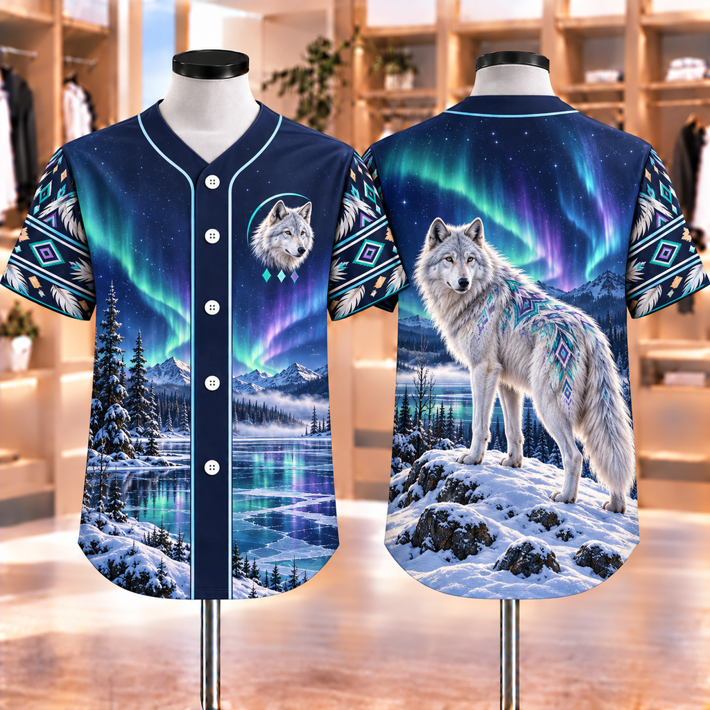 White Aurora Wolf Native American-Inspired Baseball Jersey BSm059