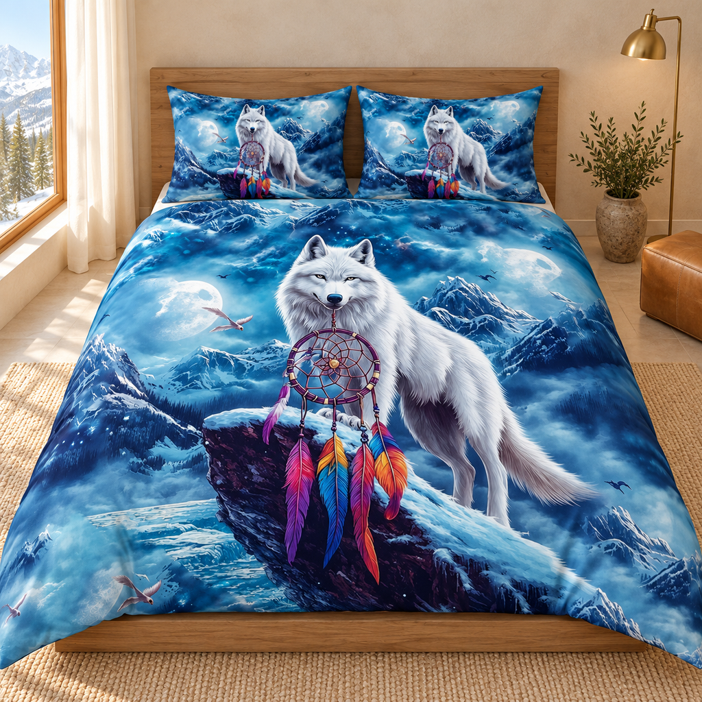 White Wolf Dreamcatcher Native American-Inspired Bedding Set HW250409