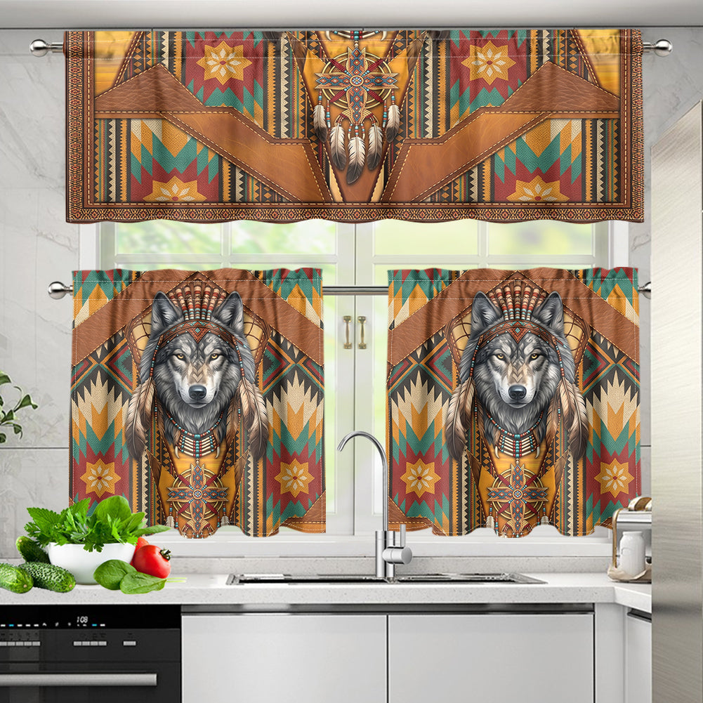 Wolf Chief Native American Curtain Valance and Kitchen Tiers Set DS260710M12