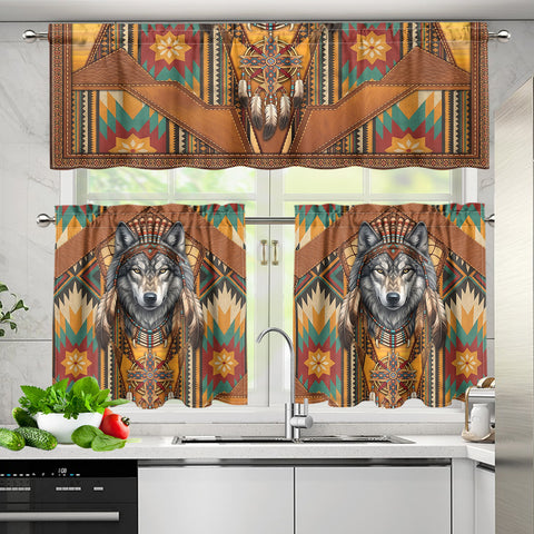 Wolf Chief Native American Curtain Valance and Kitchen Tiers Set DS260710M12