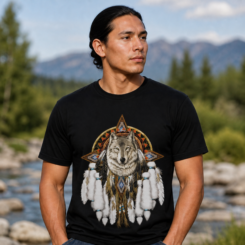 Wolf Dreamcatcher Feather Native American-Inspired 2D T-Shirt TSm008