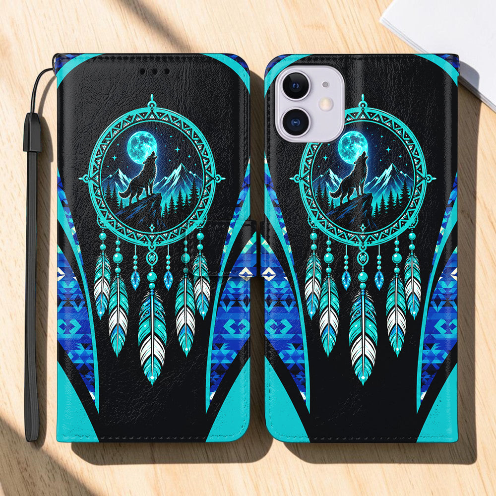 Wolf Dreamcatcher Native American-Inspired Leather Wallet Phone Case DS260731M11