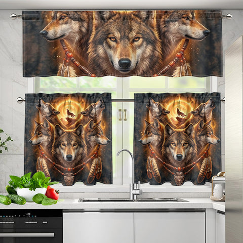 Wolf Dreamcatcher Native American Curtain Valance and Kitchen Tiers Set DS260602M01