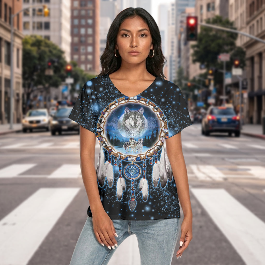 Wolf Dreamcatcher Native American Women's Loose V-neck Short Sleeve T-shirt GB-NAT00010