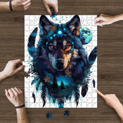 Wolf Native Feather Blue Moon Rectangle Puzzle