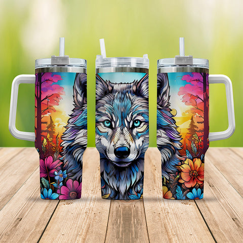Wolf Native Floral Colorful Hanlde Tumbler 40oz