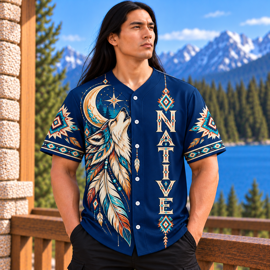 Wolf and Moon Feather Native American-Inspired Baseball Jersey BSm021