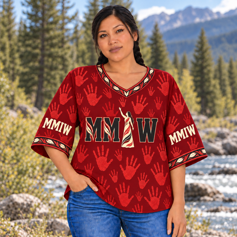 Woman Silhouette Print Native American-Inspired Women's V-Neck 3-Quarter Sleeve Top WVS043