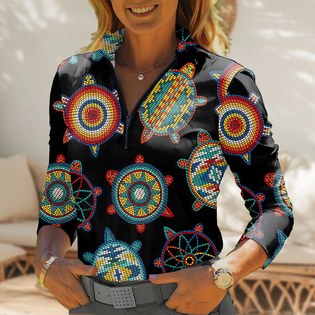 YP250317M02 Native American Women Quarter-Zip Long Sleeve Top