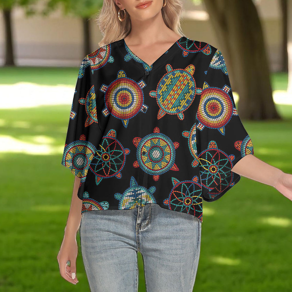 YP250317M02 Native American Women V-Neck Batwing Sleeve Button Top