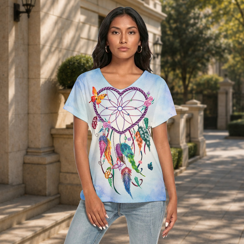 blue-Heart Dreamcatcher Flower Native American Women's Loose V-neck Short Sleeve T-shirt