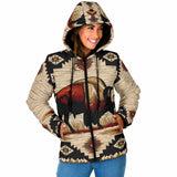 GB-NAT00902 Bison Pattern Native American Women's Padded Hooded Jacket