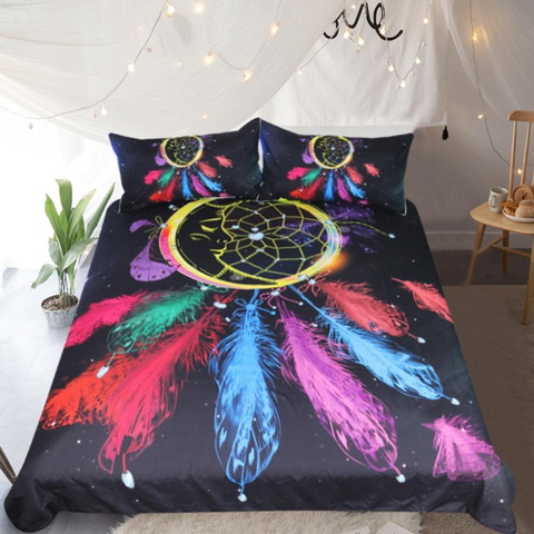 Colorful Feathers Night Moon Dreamcatcher Native American Bedding Set