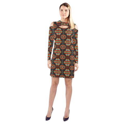 Powwow Store gb nat00402 black pattern native halter off shoulder long sleeve dress