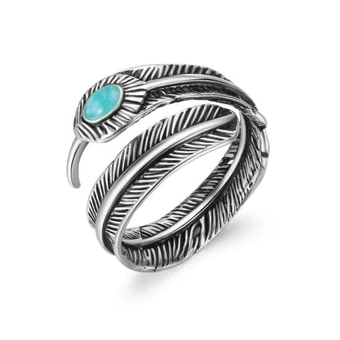 Feather With Blue Stone Open Adjustable Ring - ProudThunderbird