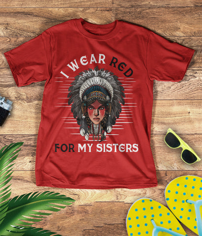 TS0083 I Wear Red For My Sisters Native American Stop MMIW Red Hand No More Stolen Sisters 3D T-Shirt
