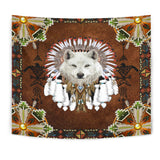 White Wolf With Headress Feathers  Tapestry
