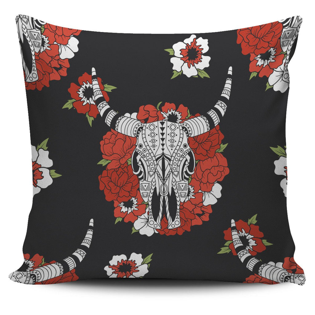 Bison And Red Flowers  Native American Pillow Covers - Powwow Store