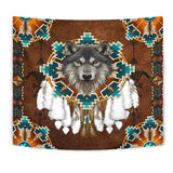 GB-NAT00446-05 Blue Mandala Feather Wolf Native Tapestry
