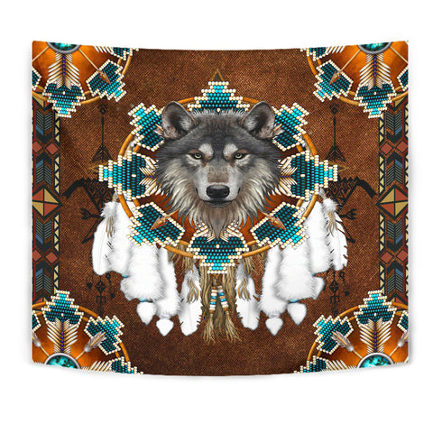 Powwow Store gb nat00446 05 blue mandala feather wolf native tapestry