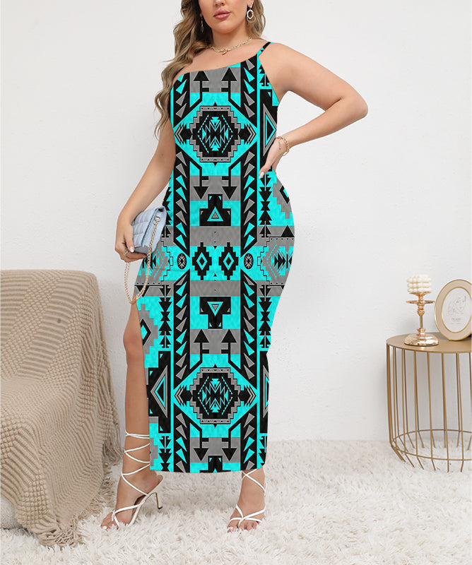 Powwow StoreGBNAT00626 Pattern Blue  ObliqueShoulder Exposure Dress With Side Split