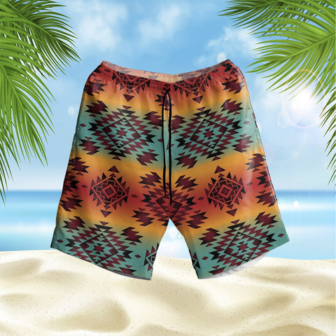 Powwow StoreGBNAT00541 Blue Orange Pattern Hawaiian Shorts