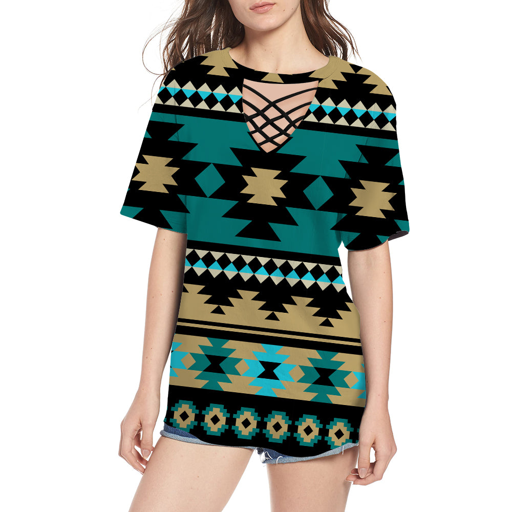 GB-NAT00509 Green Ethnic Aztec Pattern Round Neck Hollow Out Tshirt - Powwow Store