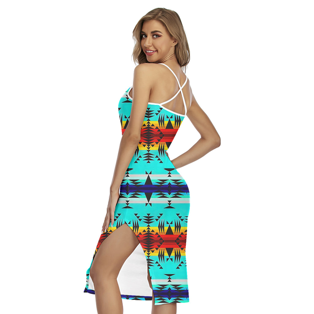 GB-NAT00631 Pattern Native 3D Wrap Hem Belted Halter Dress