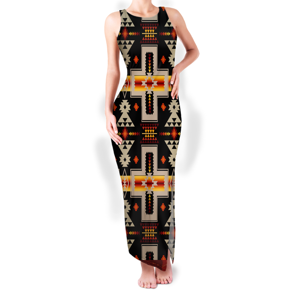 Powwow StoreGBNAT0006201 Pattern Native Round Neck Double Slit Sundress