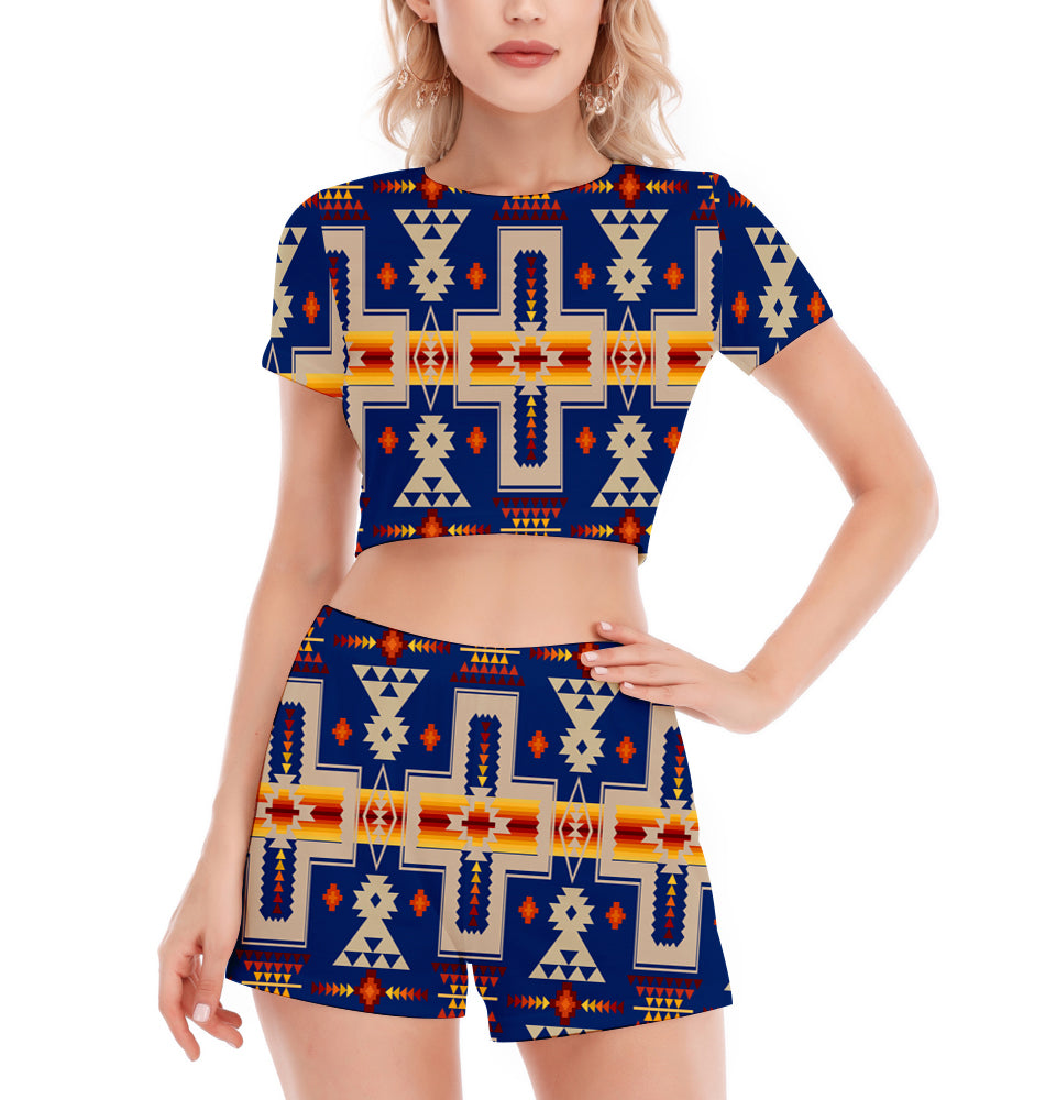 GB-NAT00062-04 Pattern Native Women's Short Sleeve Cropped Top Shorts Suit