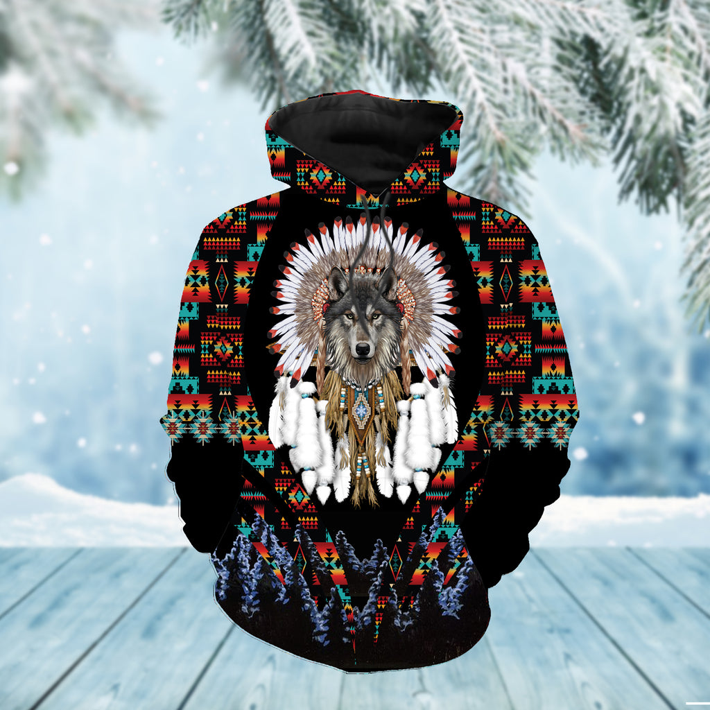 GB-NAT00446-W01 Wolf With Feather Headdress 3D Hoodie