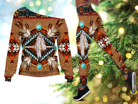 Powwow StoreGBNAT00640 Pattern Brown Mandala American Offshoulder Sweater Legging Set