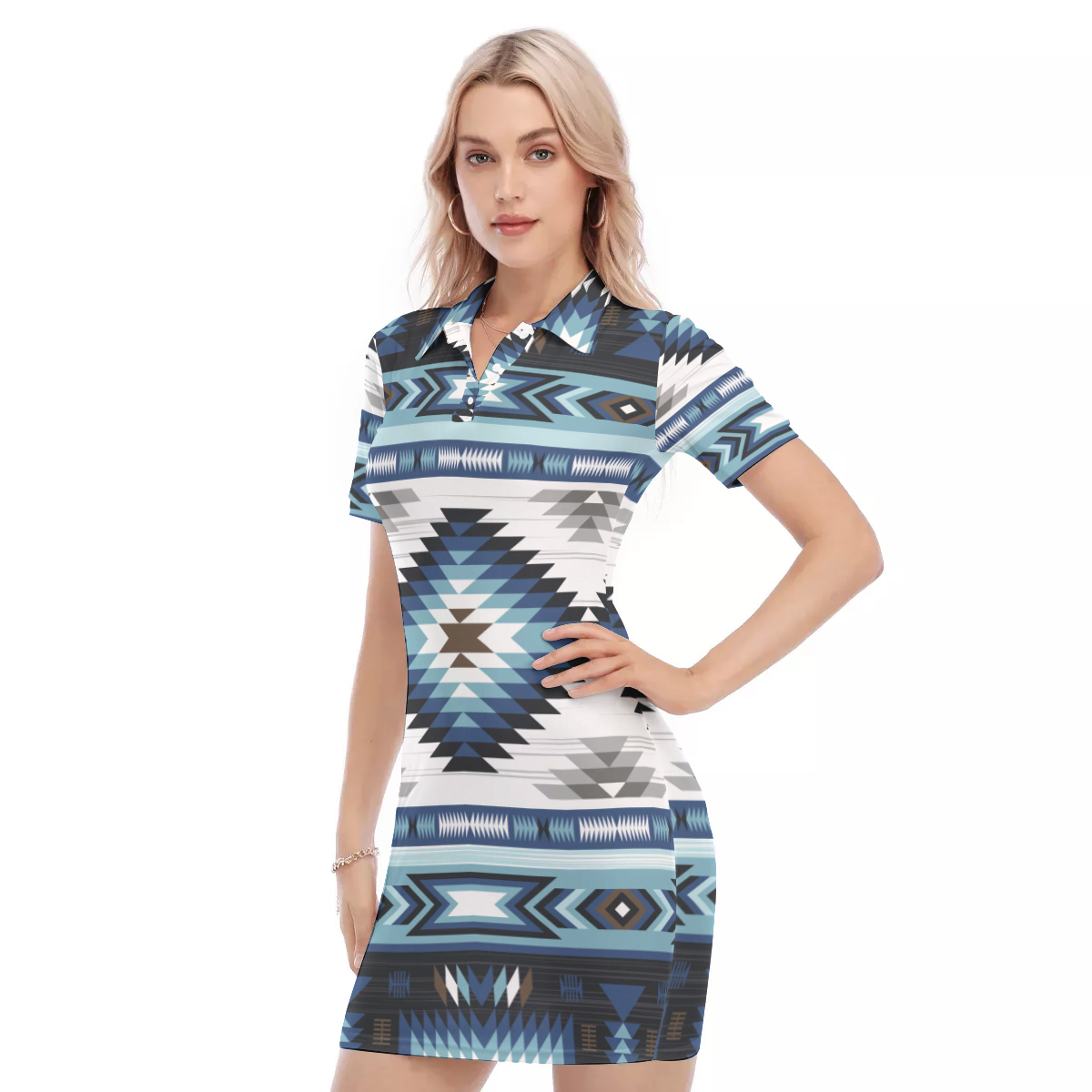 Powwow Store gb nat00528 blue colors pattern polo collar dress