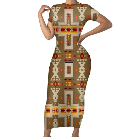 GB-NAT00062-10 Light Brown Tribe Design Native American Short-Sleeved Body Dress