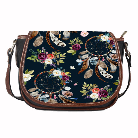GB-NAT00051 Dream Catchers And Flowers Leather Saddle Bag