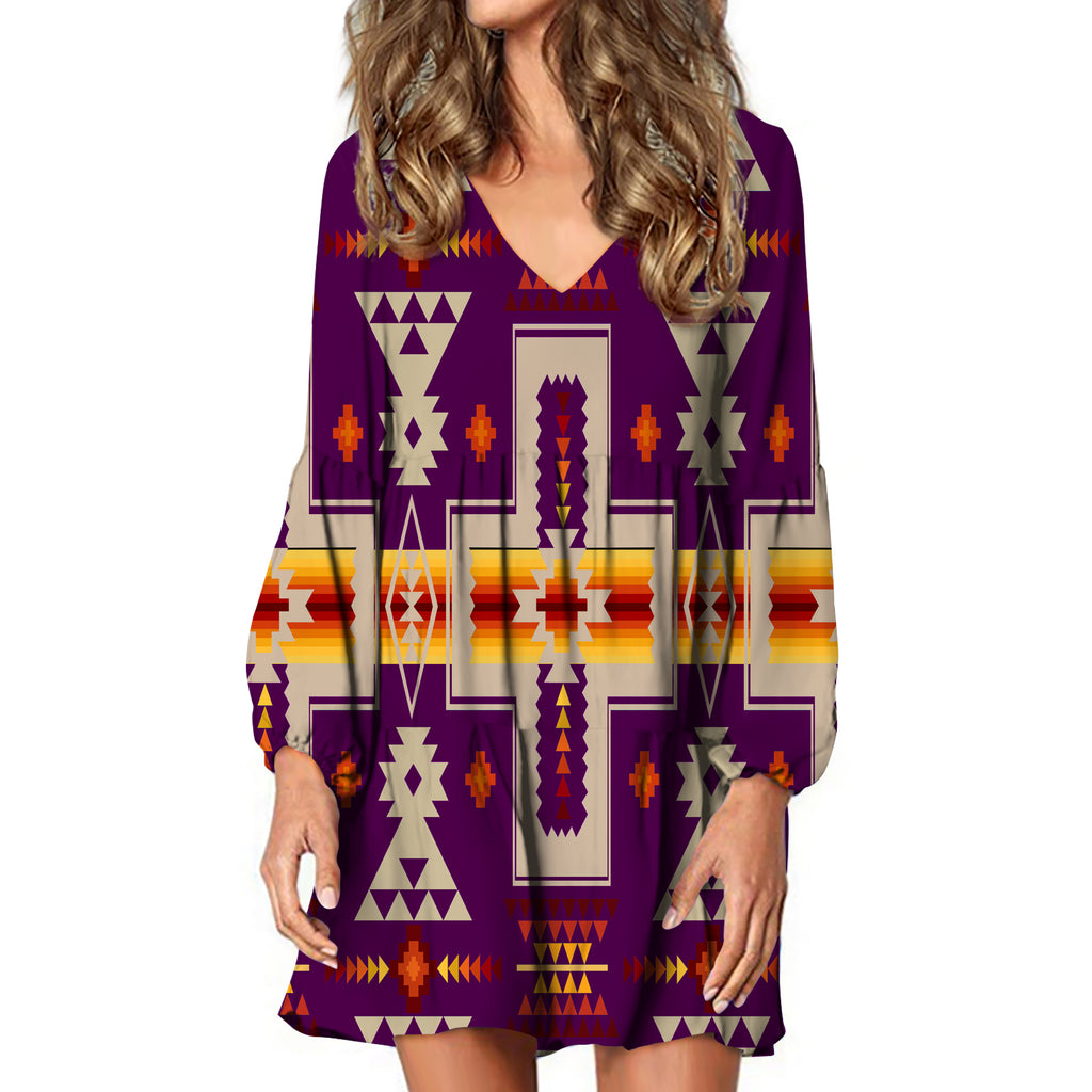 GB-NAT00062-09 Dark Purple Tribe Design Native American Swing Dress