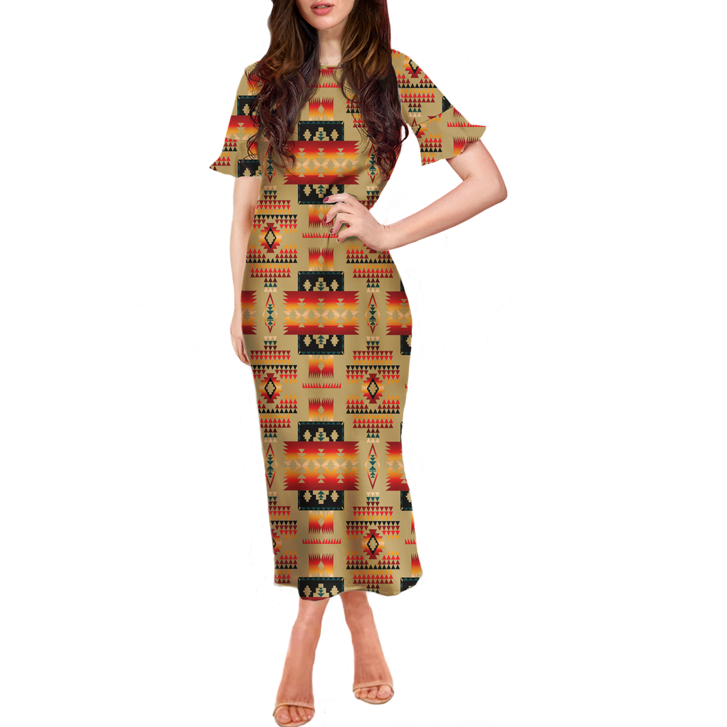 GB-NAT00046-15 Pattern Native Women Long Dress With Falbala