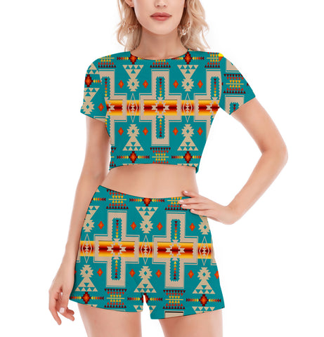 Powwow StoreGBNAT0006205 Pattern Native Women's Short Sleeve Cropped Top Shorts Suit