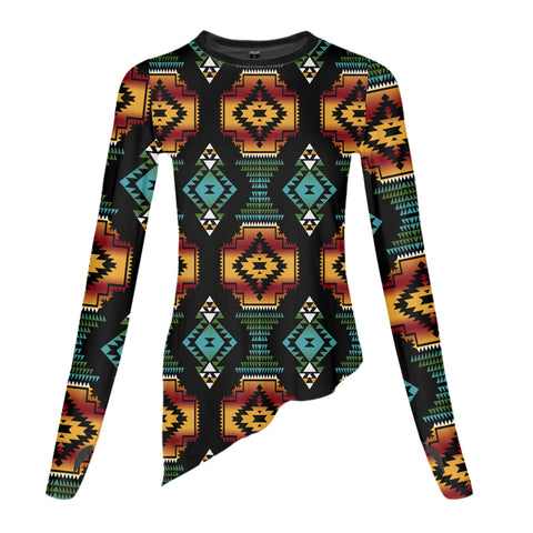 Powwow StoreGBNAT00321 Native American Patterns Black  Dance Long Sleeve Tshirt