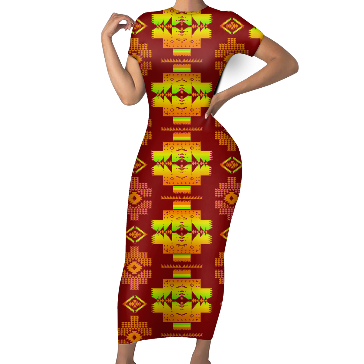 Powwow StoreGBNAT0072016 Pattern Native ShortSleeved Body Dress