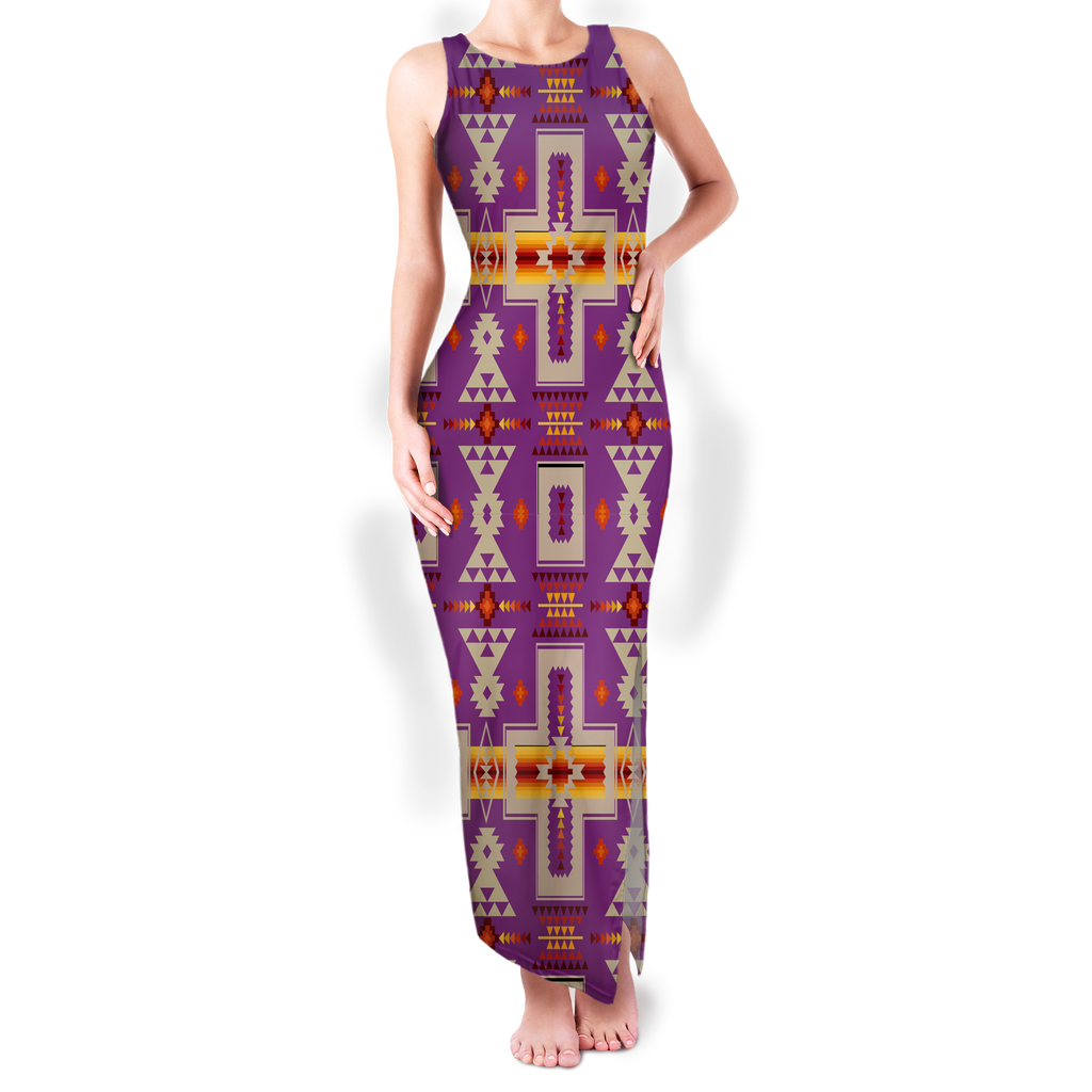 Powwow StoreGBNAT0006207 Pattern Native Round Neck Double Slit Sundress