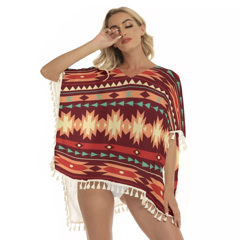 Powwow Store gb nat00510 red ethnic pattern square fringed shawl