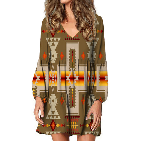 GB-NAT00062-10 Light Brown Tribe Design Native American Swing Dress